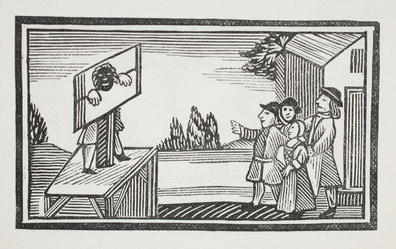 Veroordeeld om een uur of langer in de schandpaal te staan, illustratie uit Chap-books van de achttiende eeuw door John Ashton, uitgegeven 1882 door English School