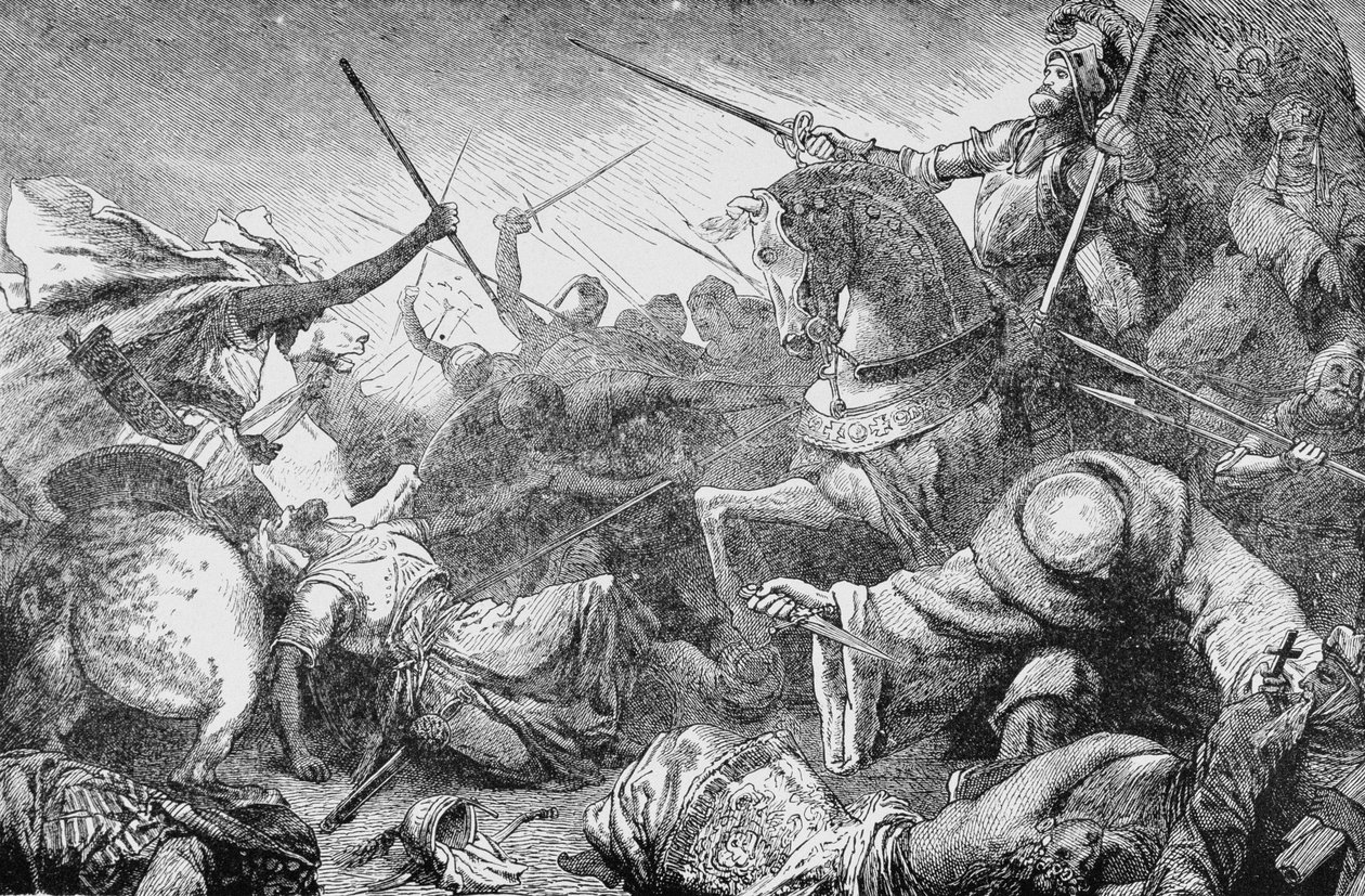 Conflict met de Saracenen, uit De Geschiedenis van Frankrijk, door Emile de Bonnechose, uitgegeven door Ward, Lock en Co, Londen door English School