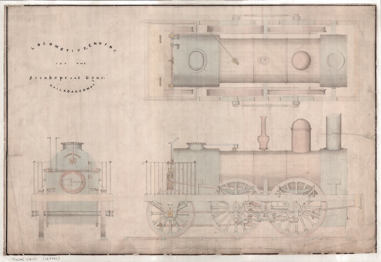 Constructietekening, 0-4-2 locomotief en tender door R. en W. Hawthorn en Co. voor de Stanhope en Tyne Railway Co door English School