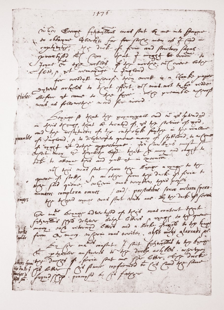 Kopie van een handgeschreven memo van John Hawkins over zijn omgang met Spanje, 1576 door English School