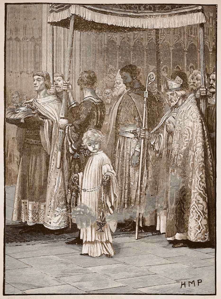 Kroning van Richard in Westminster Abbey: de processie langs het gangpad, illustratie uit Cassells Illustrated History of England door English School