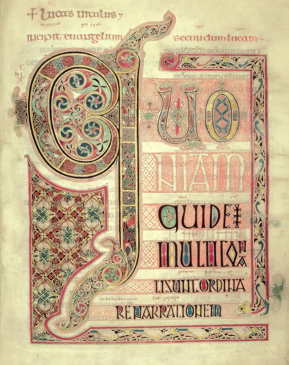 Incipit pagina van het Evangelie van St. Lucas, uit de Lindisfarne-evangeliën, 710-721 door English School