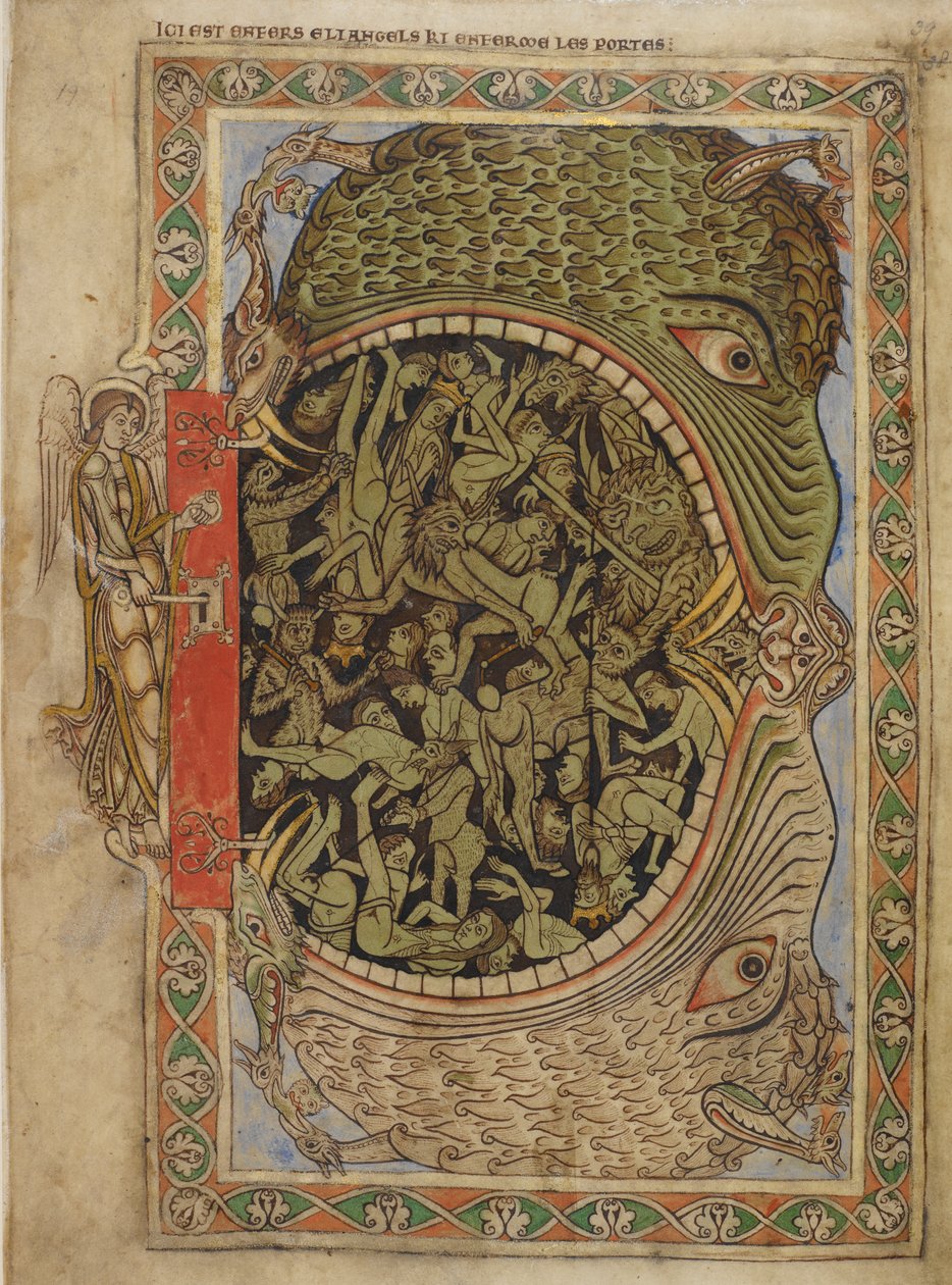 De kaken van de hel vastgemaakt door een engel, uit de Psalter van Hendrik van Blois, c.1121-61 door English School