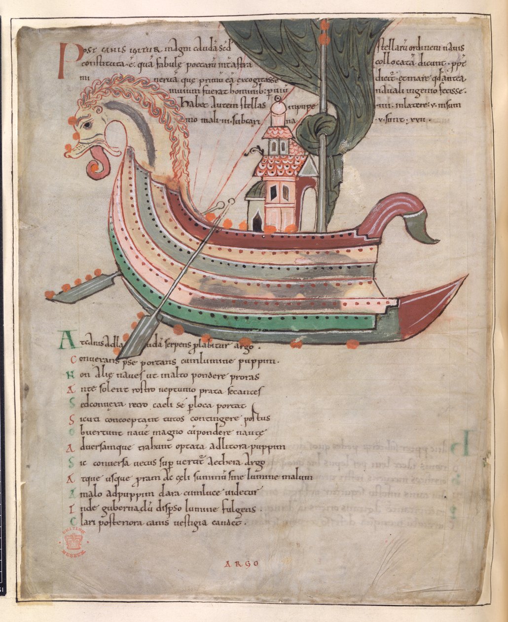 Cotton Tiberius B. V, Deel 1, f.40v, Een schip, met toren en een slangenkop door English School