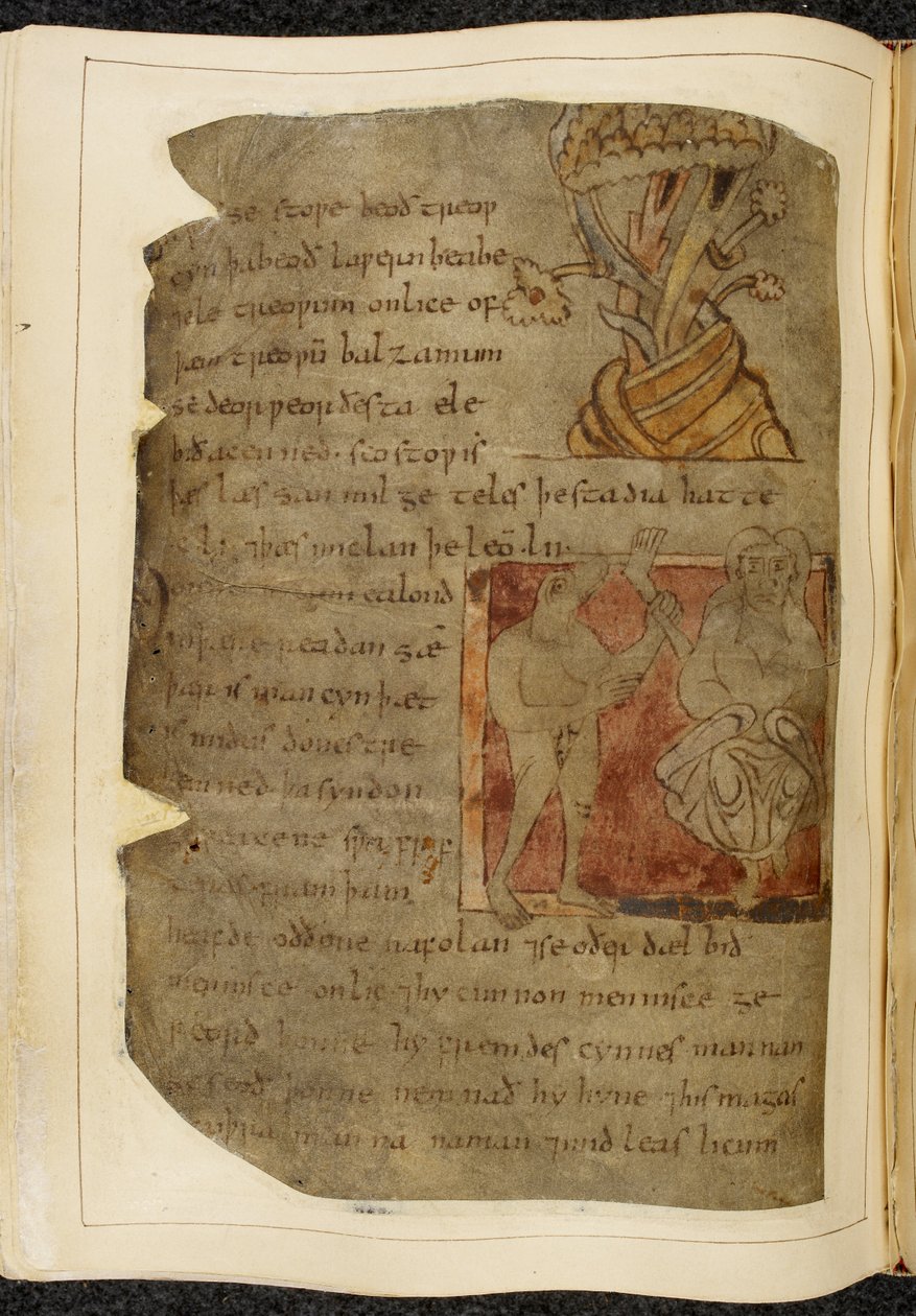 Een boom waaruit balsem groeit; een donestre, een beestkopman, links met een menselijk been en voet, en een persoon rechts, illustratie uit Beowulf, uit de 
