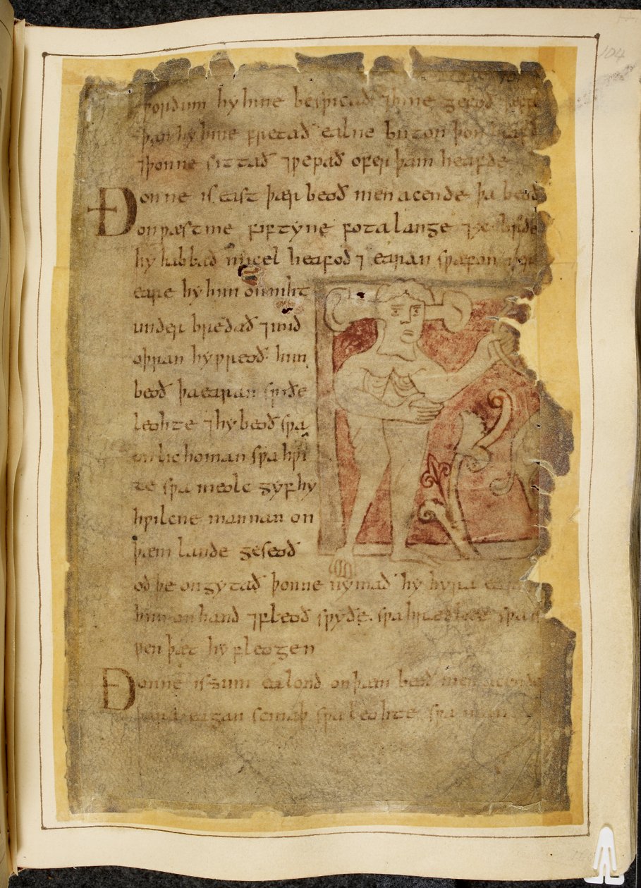 Cotton Vitellius A. XV f.104r, Een panotii, d.w.z. een man met oren die op stelen uitsteken, die een object vasthoudt dat lijkt op een boog, illustratie uit Beowulf, uit de 