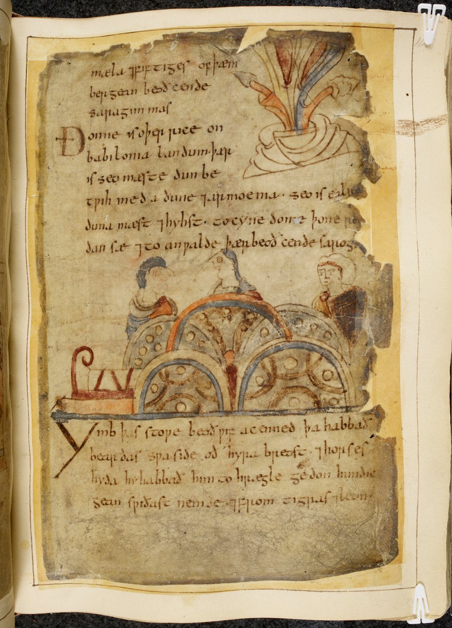 Een gouden wijnstok; drie mensen die praten, die een vriendelijk volk vertegenwoordigen dat de Rode Zee regeert, waar de beste parels worden gevonden, illustratie uit Beowulf, uit de 