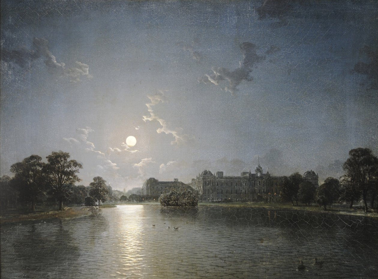 Landhuis aan een Meer bij Maanlicht, ca. 1850 door English School