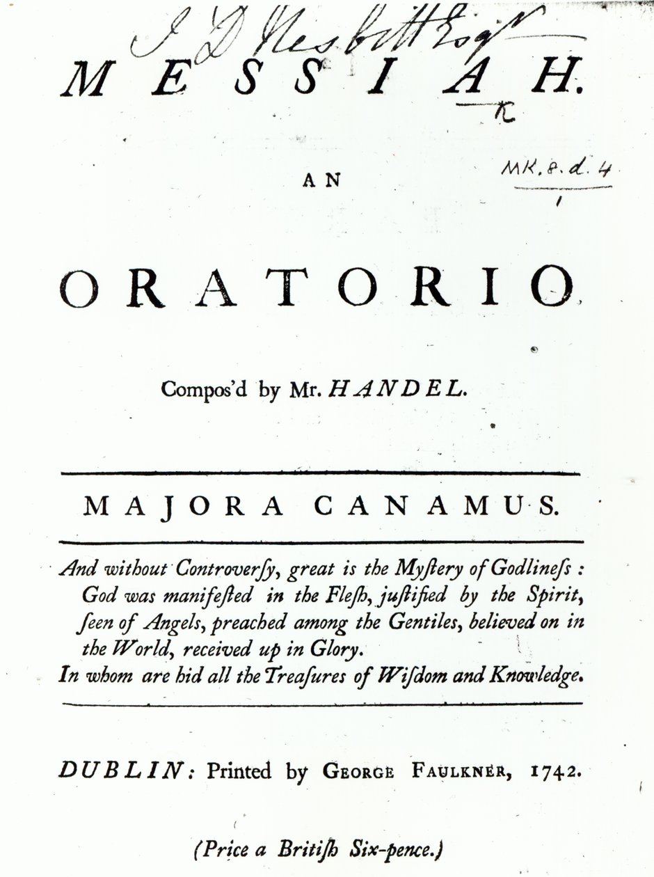 Omslag van Bladmuziek voor Händels Messiah, gepubliceerd in 1742 door English School