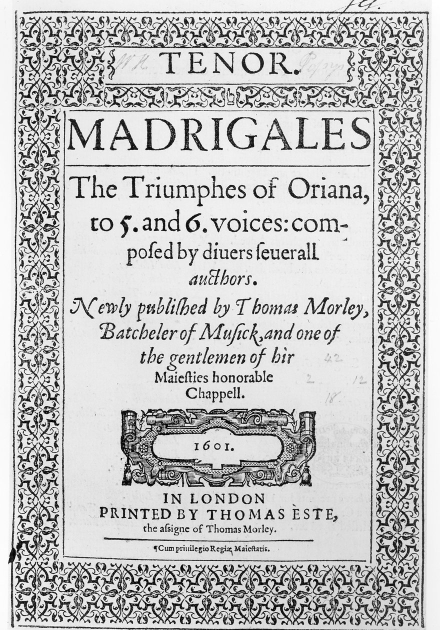 Omslag van het tenor deel van The Triumphes of Oriana, uitgegeven door Thomas Este, 1601 door English School