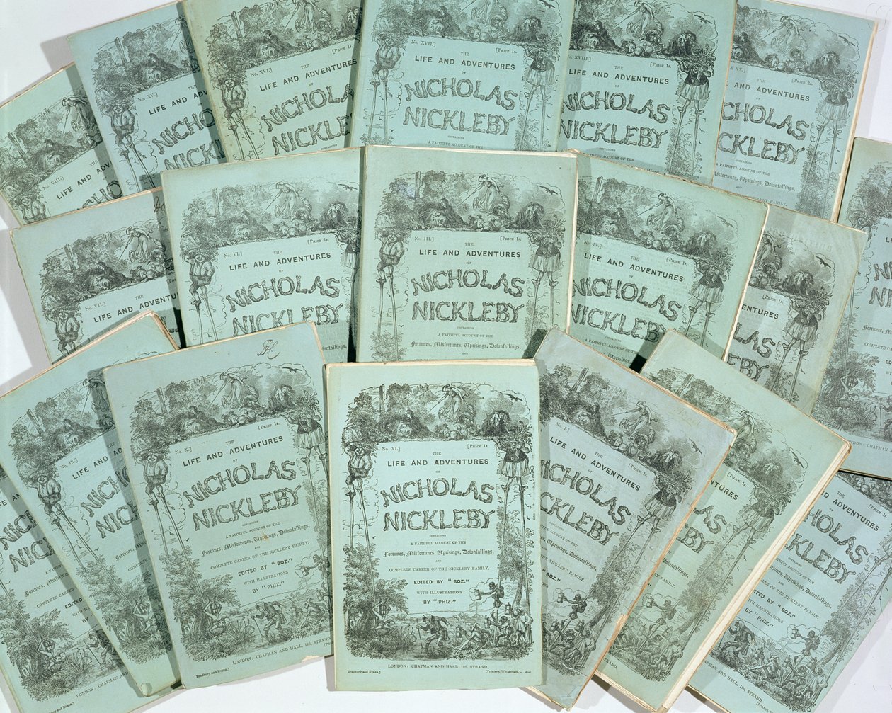 Omslagen van de maandelijkse uitgaven van Het leven en de avonturen van Nicholas Nickleby door Charles Dickens (1812-70), gepubliceerd in 1839 door English School