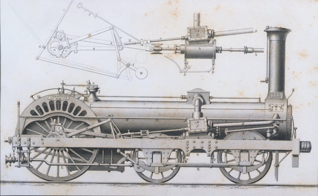 Cramptons spoorweg locomotief stoommachine uit Cyclopaedia of Useful Arts & Manufactures, bewerkt door Charles Tomlinson, ca. 1880s door English School