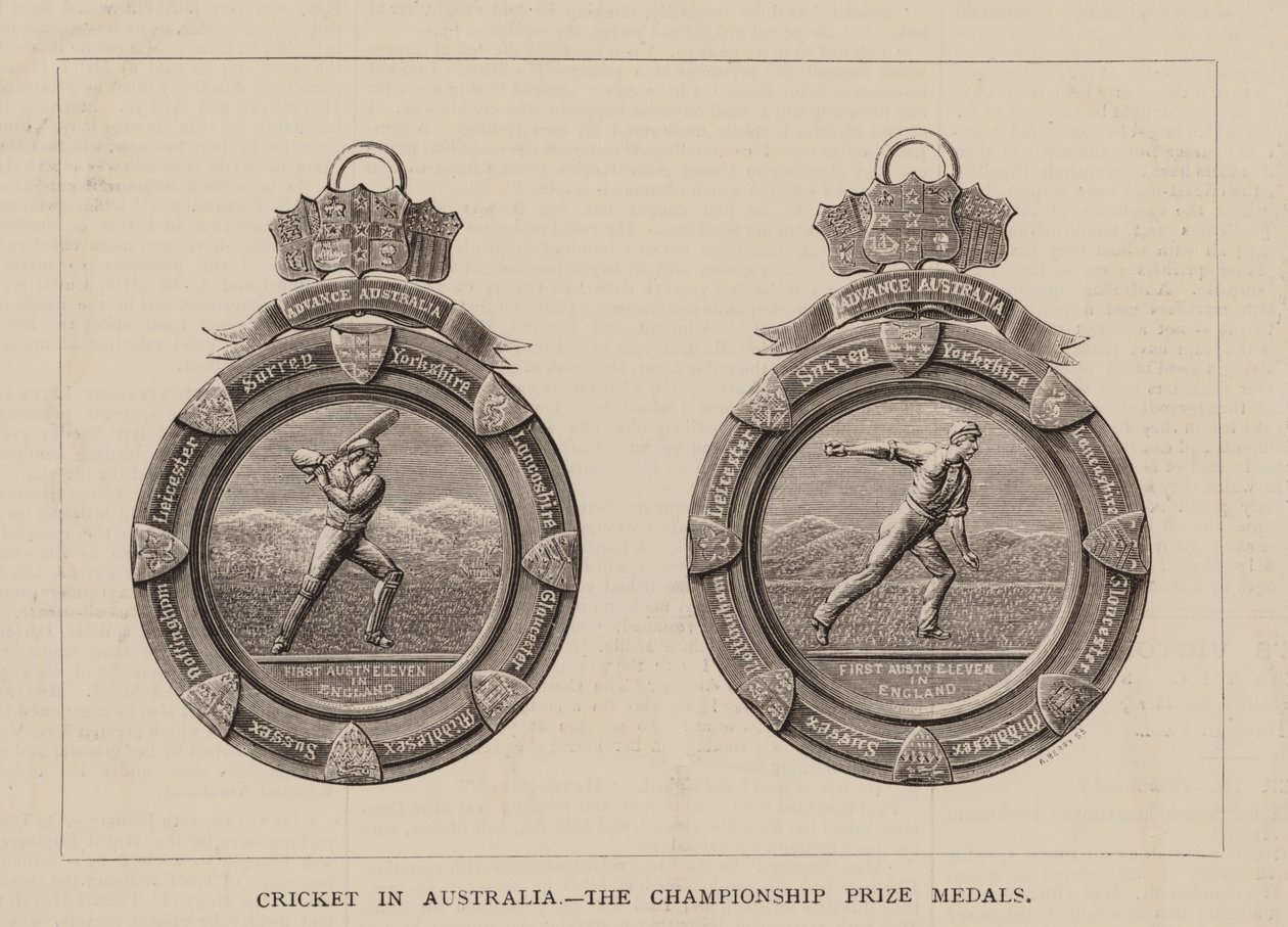 Cricket in Australië, De kampioenschapsprijsmedailles (gravure) door English School