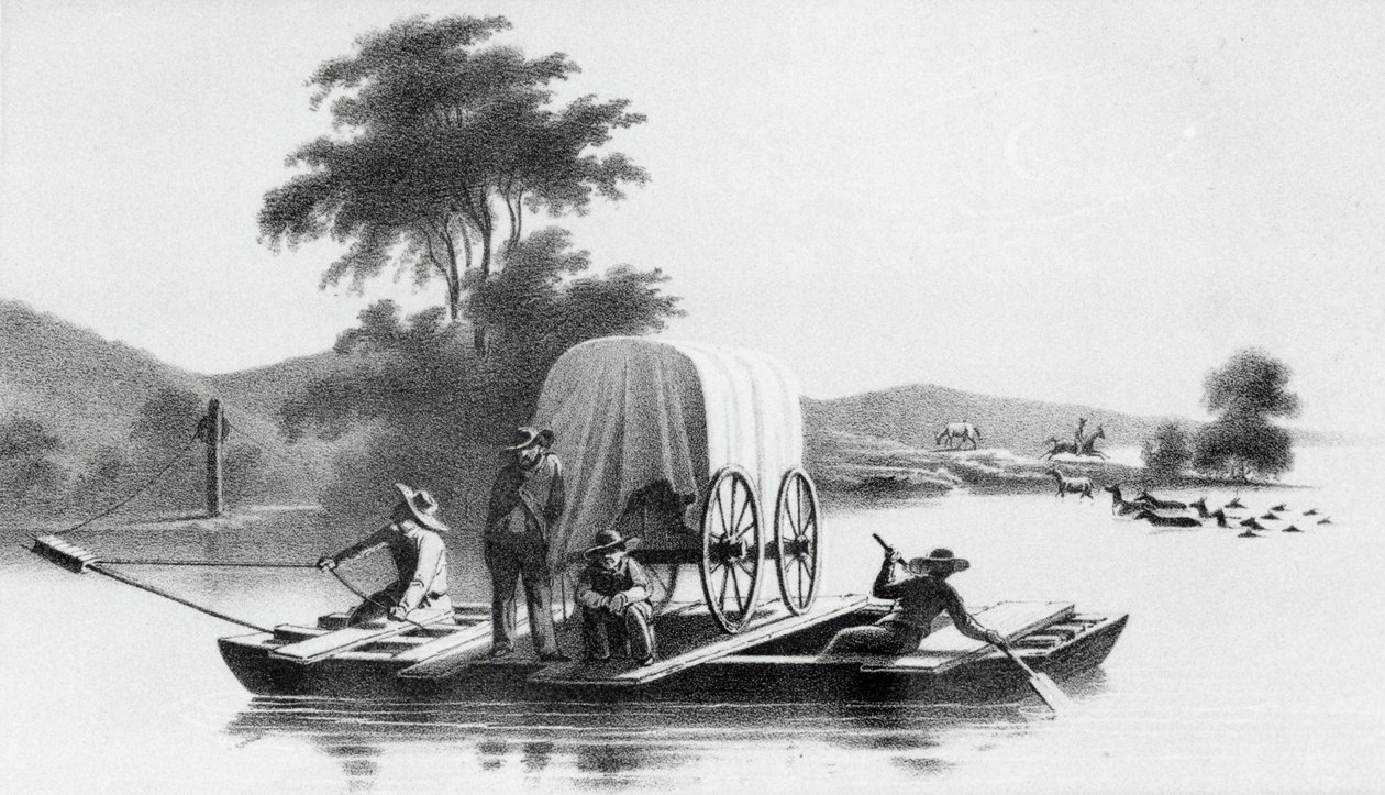 Oversteek van de Platte Monding van Deer Creek, uit Verkenning en Onderzoek van de Vallei van het Grote Zoutmeer van Utah door Howard Stansbury, gepubliceerd 1852 door English School