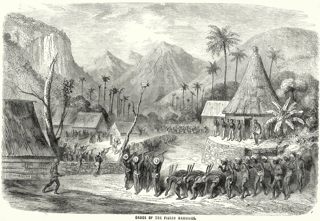Dans van de Fijische krijgers (gravure) door English School