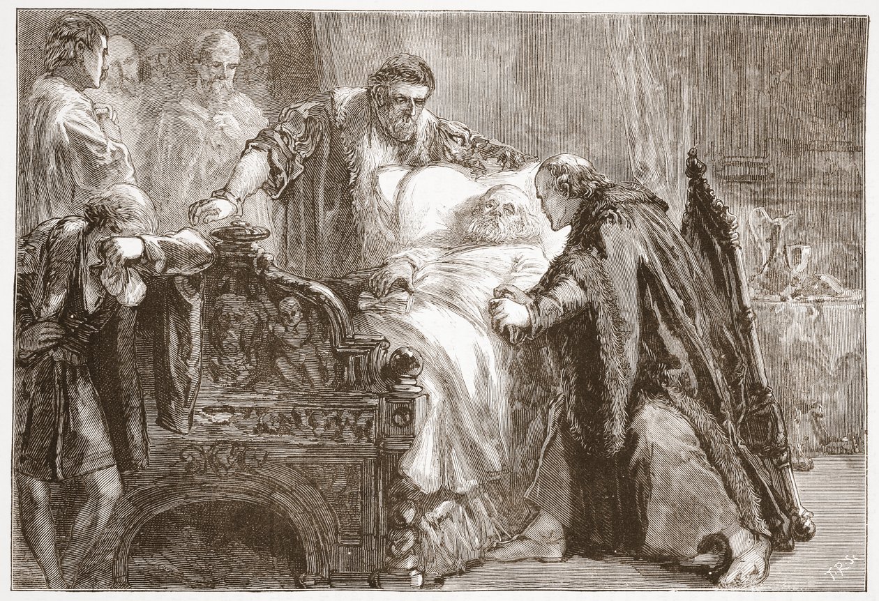 Dood van Frederik de Wijze, keurvorst van Saksen, illustratie uit De Geschiedenis van het Protestantisme door James Aitken Wylie, 1878 door English School