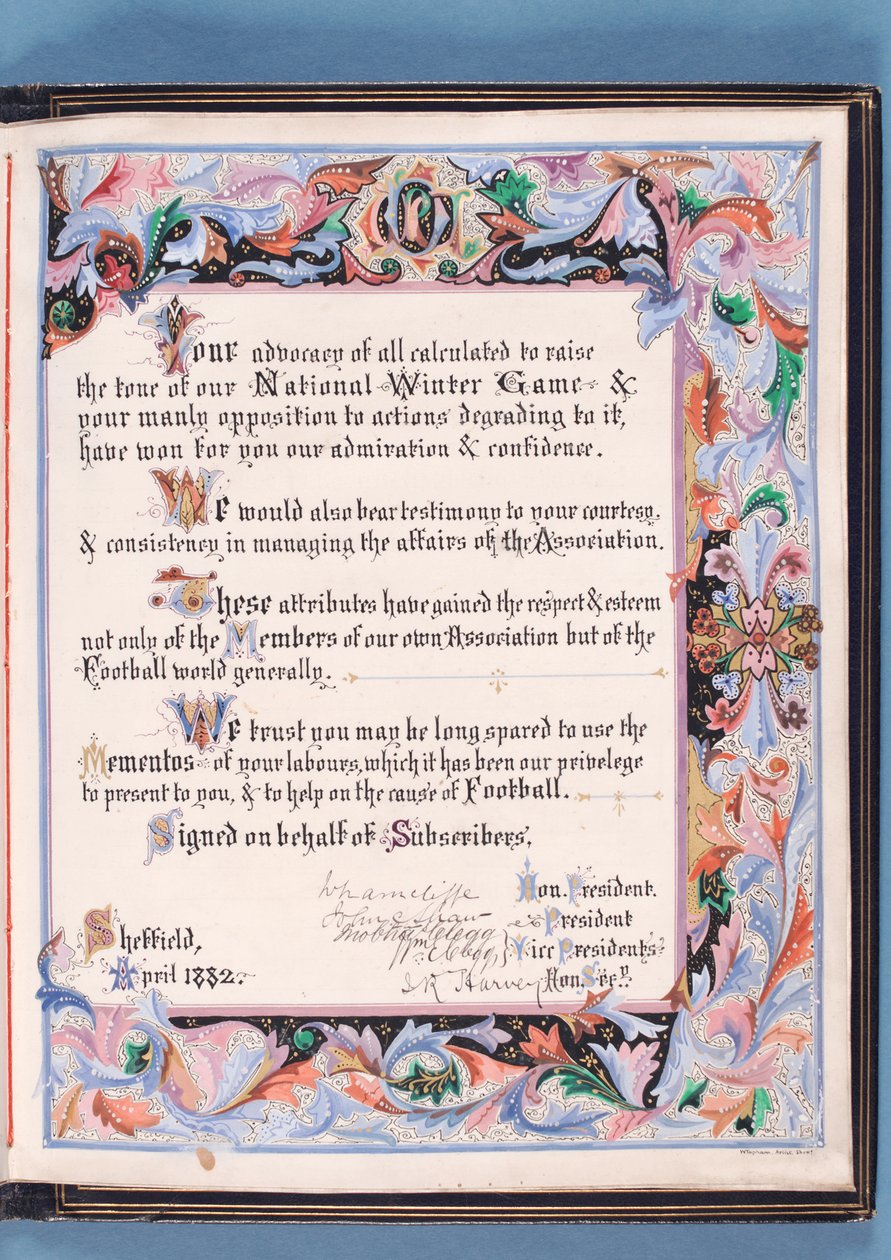 Toewijding van een toespraak gepresenteerd door de Sheffield Voetbalbond aan William Pierce-Dix bij zijn pensionering als Secretaris, 1882 (inkt op papier) door English School