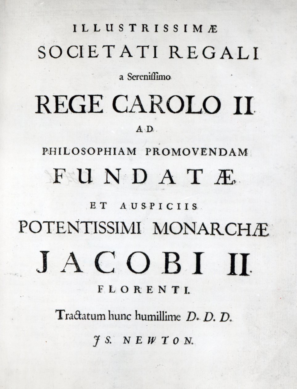 Opdracht aan de Royal Society van de eerste editie van Newtons Philosophiae Naturalis Principia Mathematica, 1687 door English School