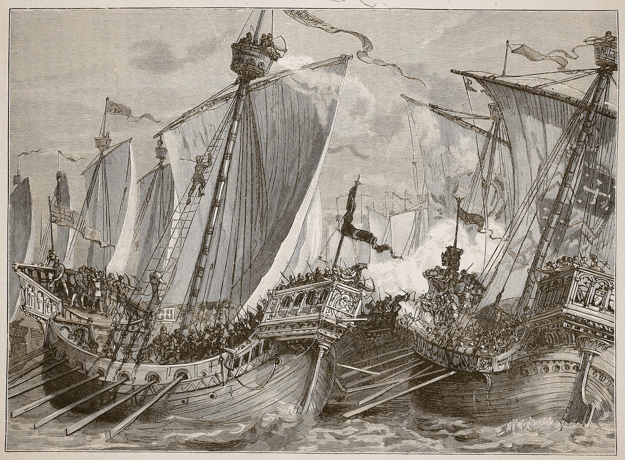 Nederlaag van de Franse vloot in het Engelse Kanaal, illustratie uit Cassells Geïllustreerde Geschiedenis van Engeland door English School