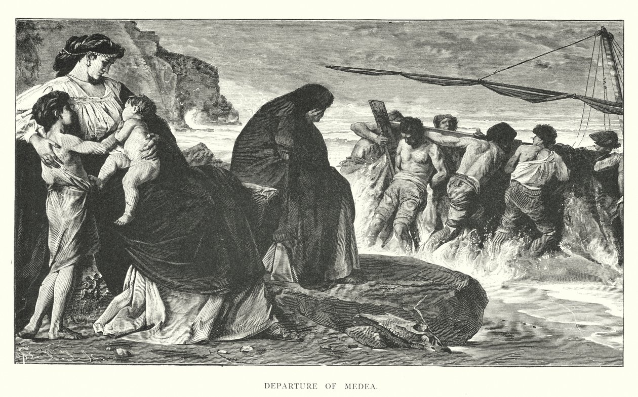 Vertrek van Medea (gravure) door English School