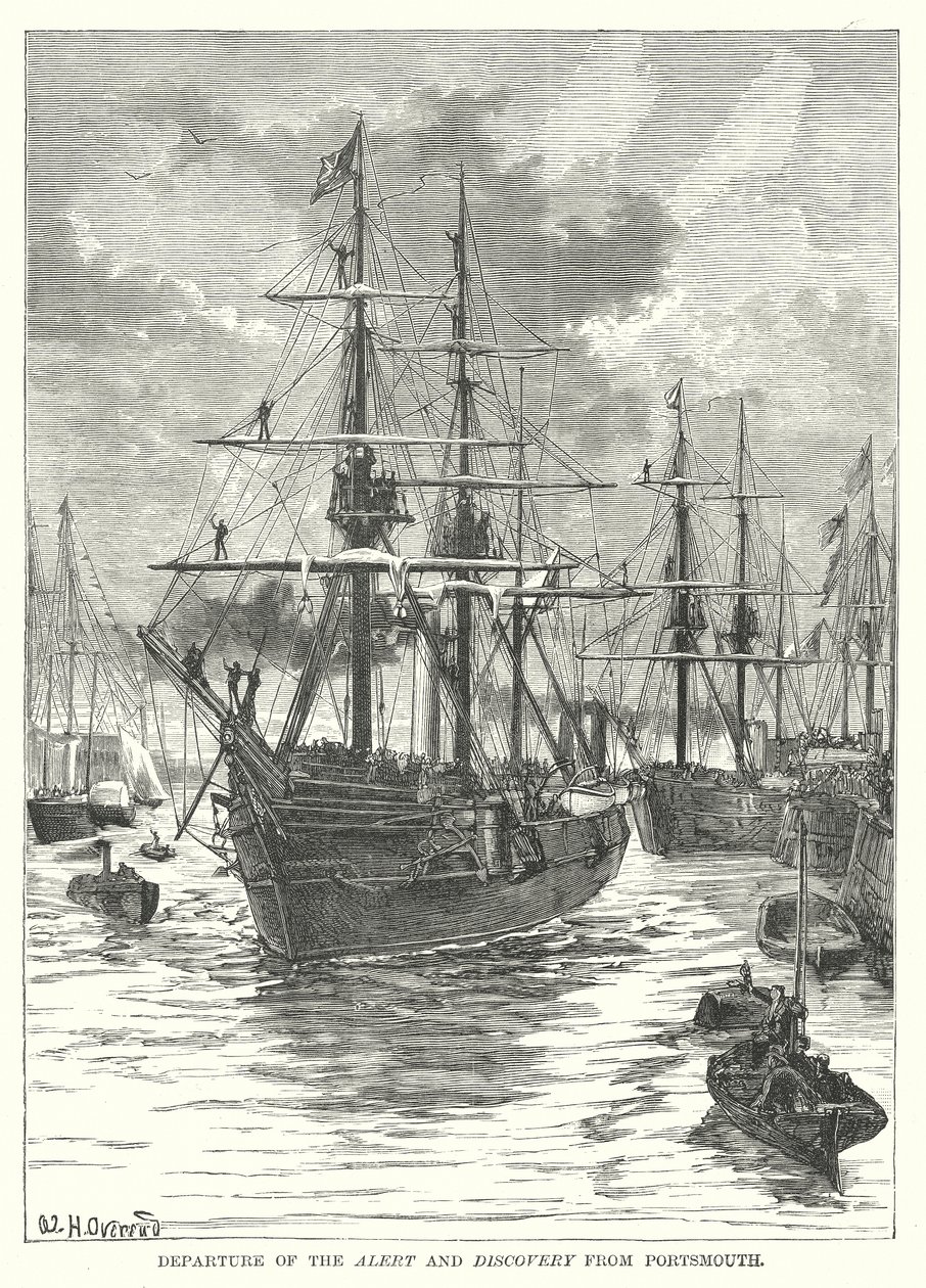 Vertrek van de Alert en Discovery uit Portsmouth (gravure) door English School