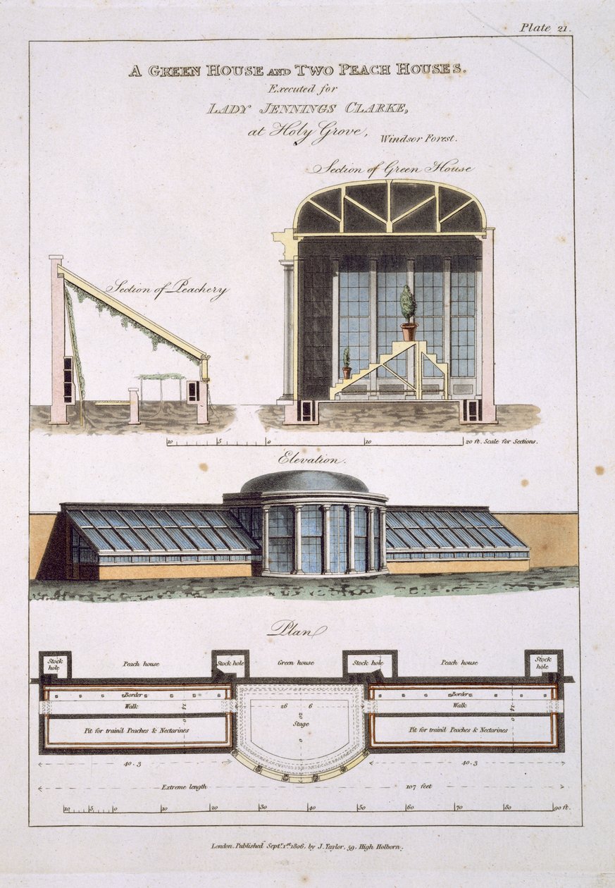 Ontwerp voor een Kas en twee Perzikhuisjes, 1806 door English School