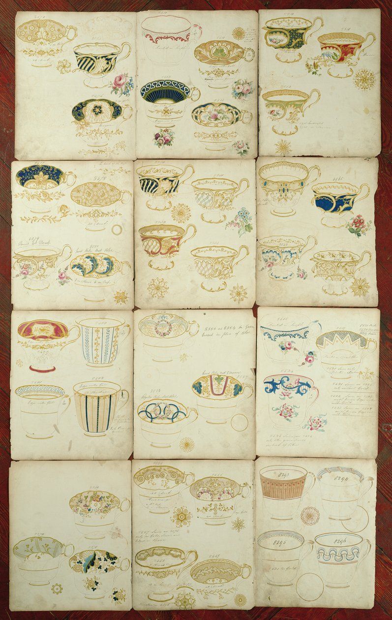 Ontwerpen voor theekopjes geproduceerd in de Daniel Factory, Staffordshire, c.1845 door English School