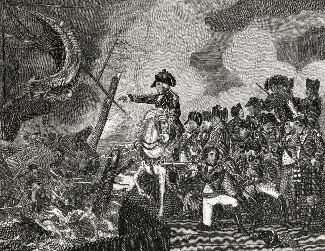 Vernietiging van de Kanonneerboten voor Gibraltar, gegraveerd door H.Cook, 1816 door English School
