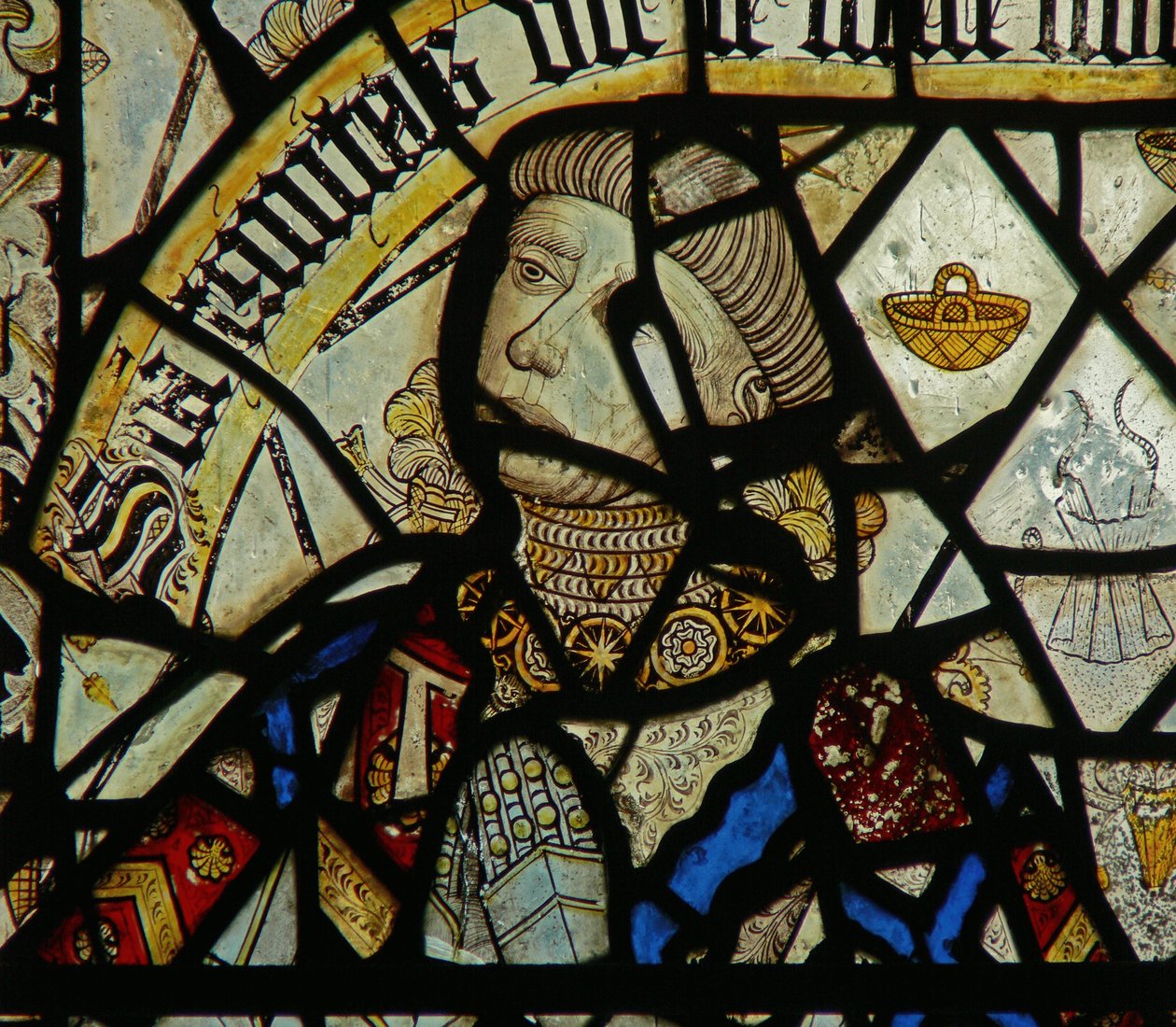 Detail van een raam met de schenker (glas-in-lood) (detail) door English School