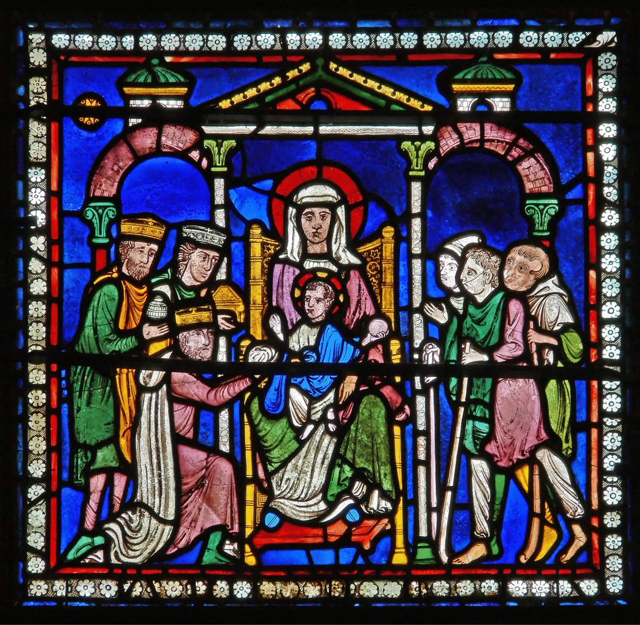 Detail van een van de Bijbelramen met de aanbidding van de wijzen en de herders door English School