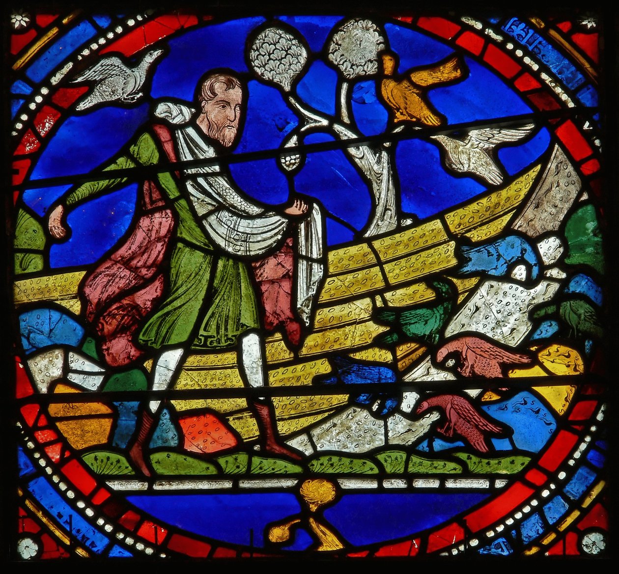 Detail van een van de Bijbelramen met de gelijkenis van de Zaaier door English School