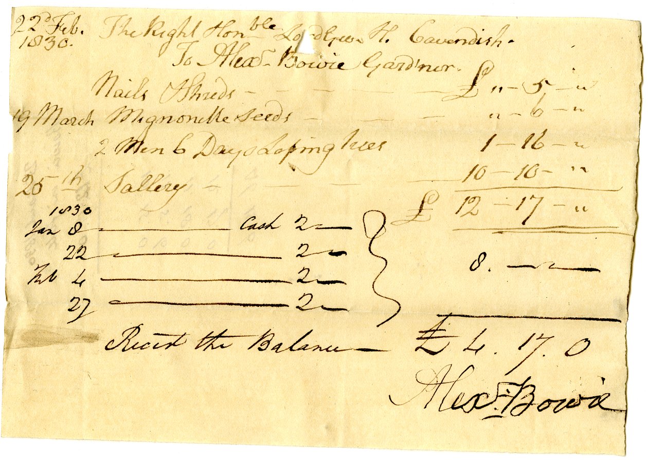 Devonshire MSS AS 3101, folio uit een bundel rekeningen vereffend door Pinder Simpson voor Lord George Cavendish, inclusief de rekening van Alexander Bowie door English School