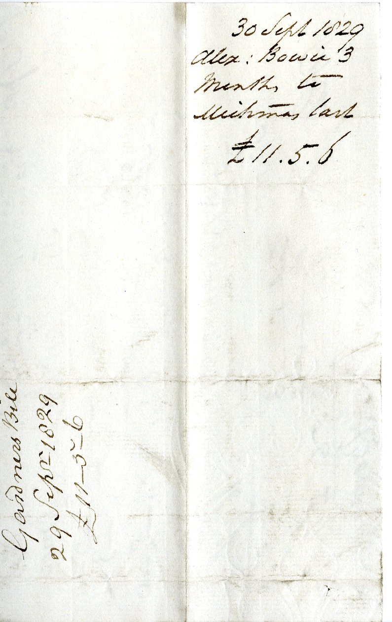 Devonshire MSS AS 3101, folio uit een bundel rekeningen vereffend door Pinder Simpson voor Lord George Cavendish, inclusief de rekening van Alexander Bowie door English School