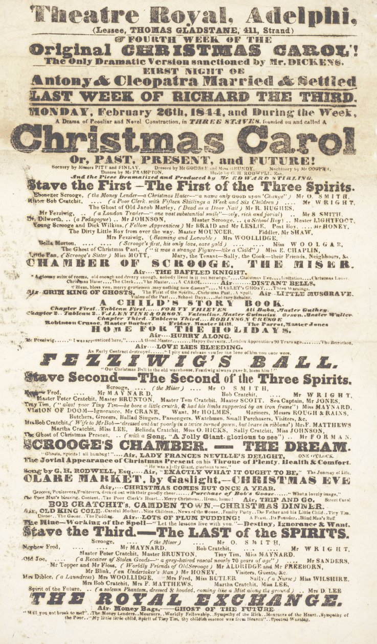 Dickens affiche: A Christmas Carol in Adelphi Theatre Royal, 26 februari 1814 door English School