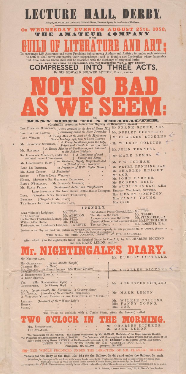 Dickens affiche: Not So Bad As We Seem in Lecture Hall, Derby, programma voor 25 augustus 1852 door English School
