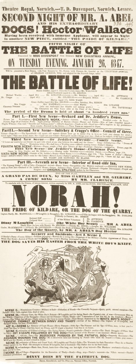 Dickens affiche: The Battle of Life, in Theatre Royal, Norwich, 26 januari 1847 door English School