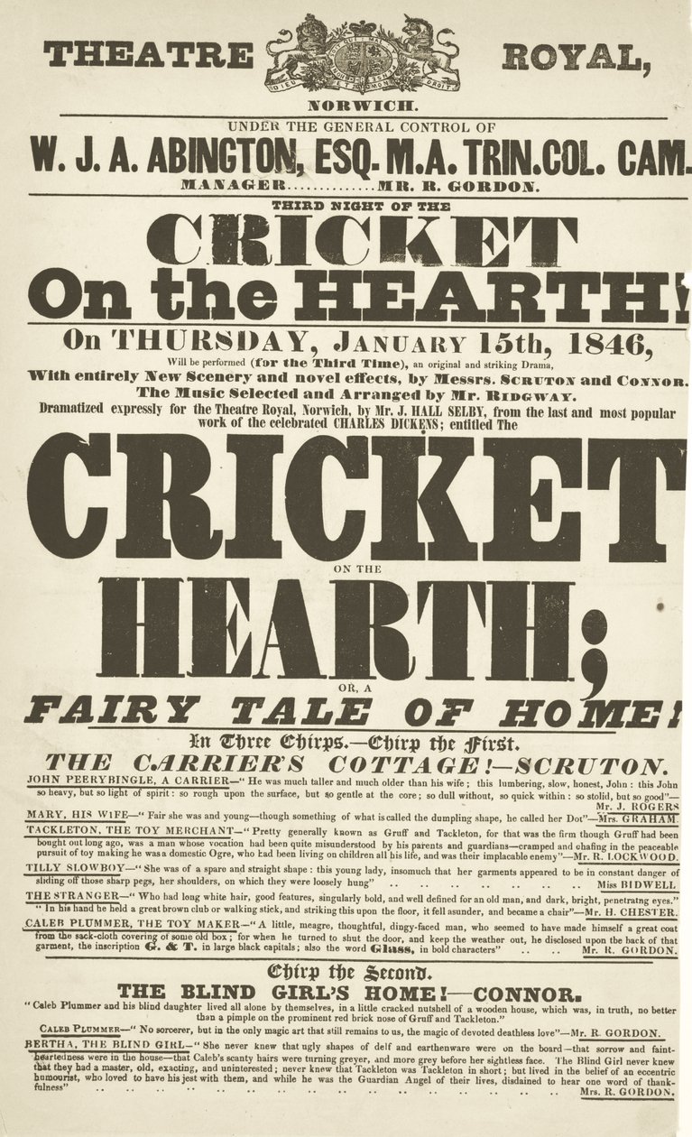 Dickens affiche: The Cricket on the Hearth in Theatre Royal, Derby, 15 januari 1846 door English School