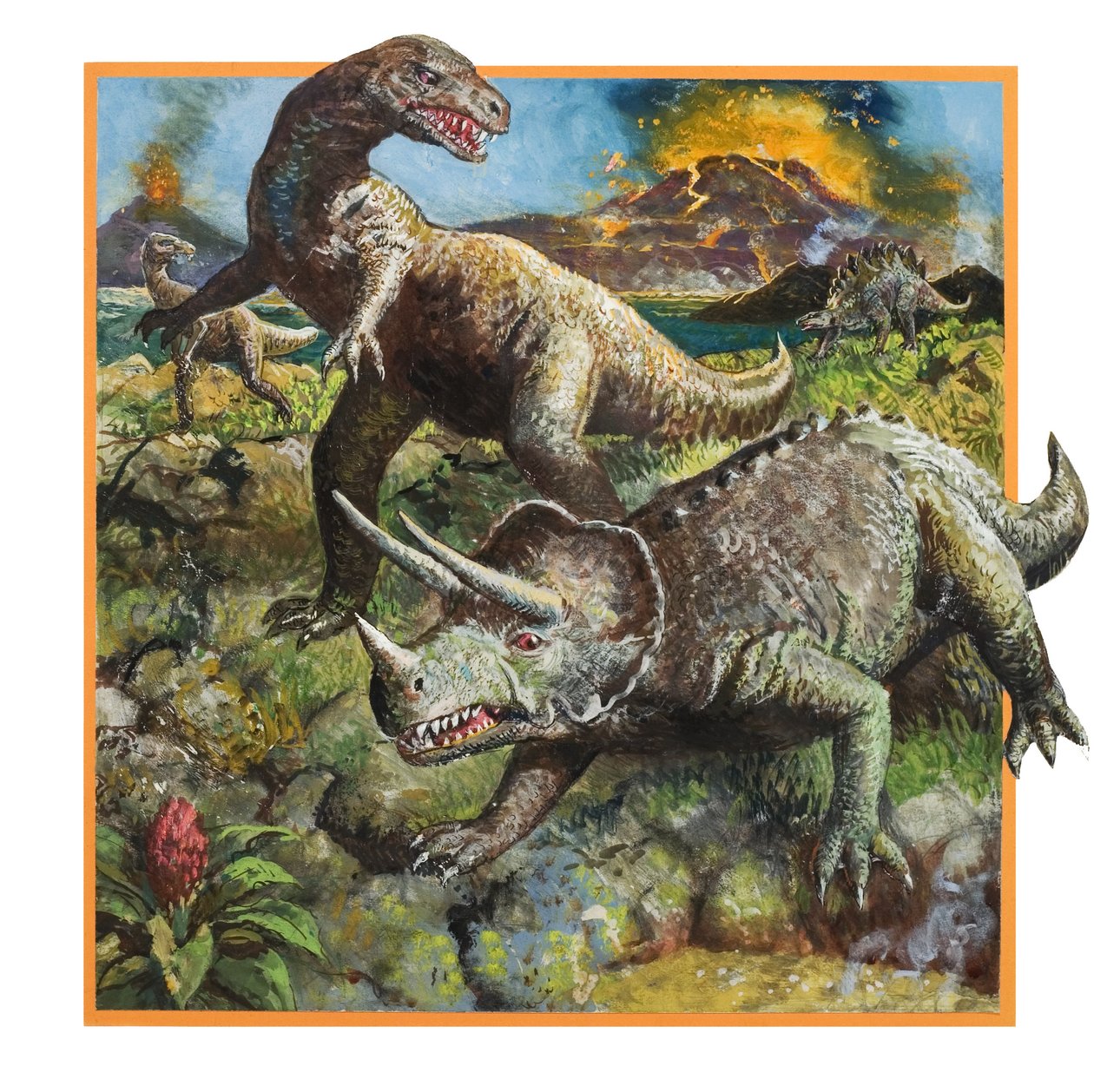 Dinosaurussen met vulkaan (gouache op papier) door English School
