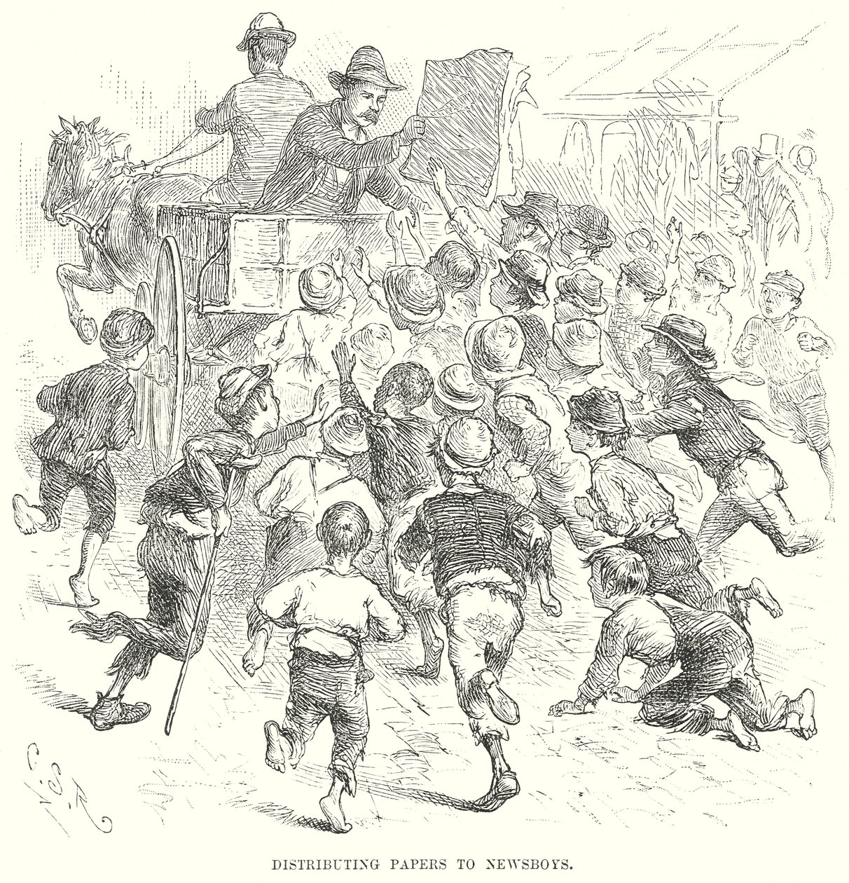 Papieren uitdelen aan krantenjongens (gravure) door English School