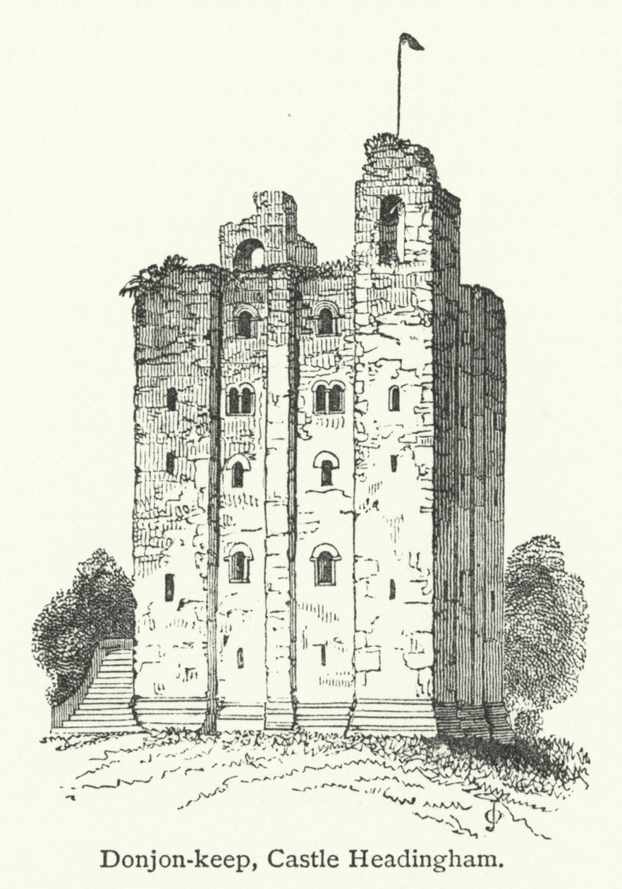 Donjon-keep, Kasteel Headingham (gravure) door English School