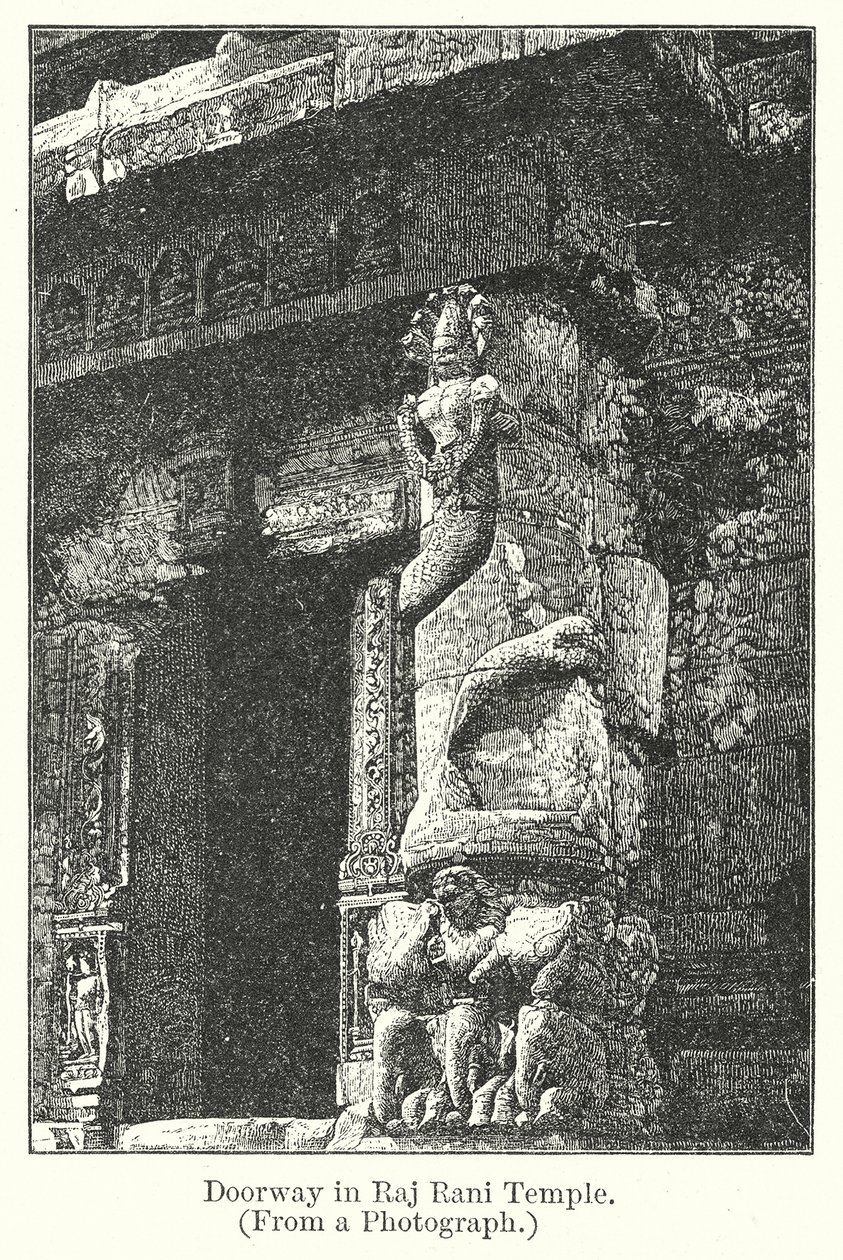 Deuropening in Raj Rani Tempel (gravure) door English School