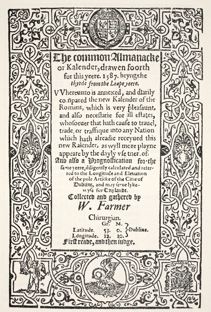 Dubbele Almanak (gewoon en nieuw) en voorspelling voor Dublin voor 1587, door W. Farmer, gedrukt door Watkins en Roberts, 1587 door English School