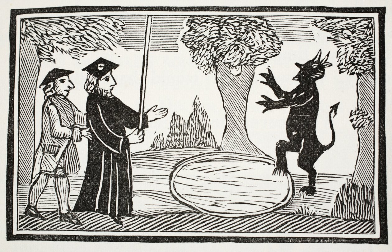 Dr. Faustus roept de Duivel op, illustratie uit Chap-books of the Eighteenth Century door John Ashton, gepubliceerd 1882 door English School