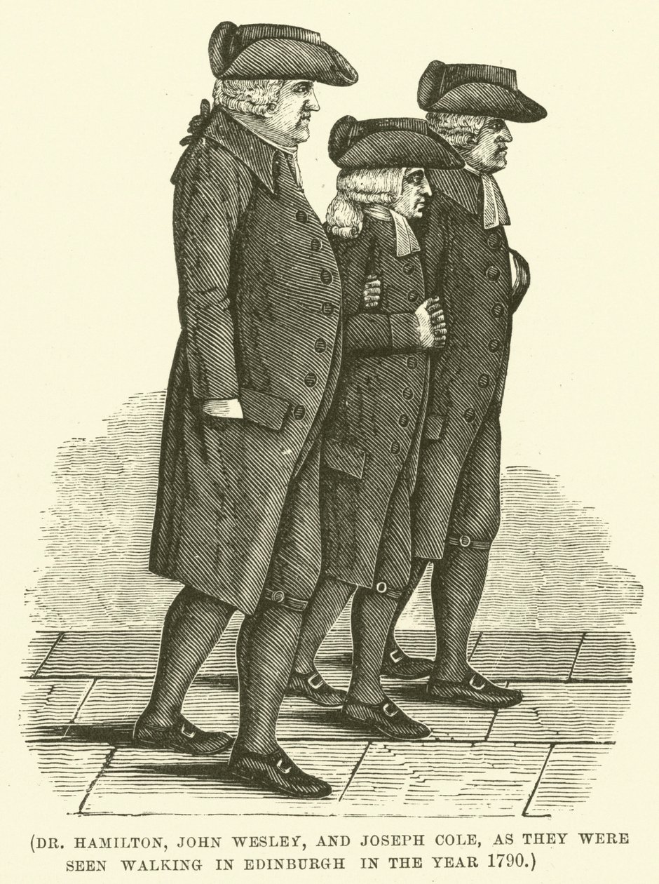 Dr. Hamilton, John Wesley en Joseph Cole, zoals ze gezien werden wandelend in Edinburgh in het jaar 1790 (gravure) door English School