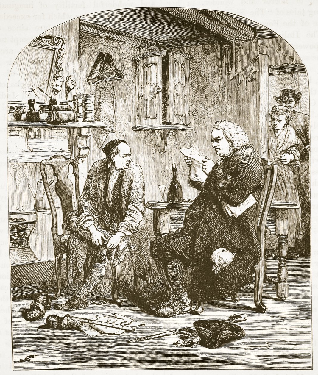 Dr. Johnson leest het manuscript van de Vicar of Wakefield, illustratie uit Cassells Geïllustreerde Geschiedenis van Engeland door English School