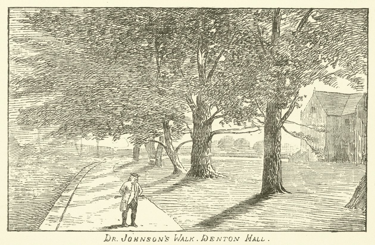 Dr Johnsons wandeling, Denton Hall (gravure) door English School