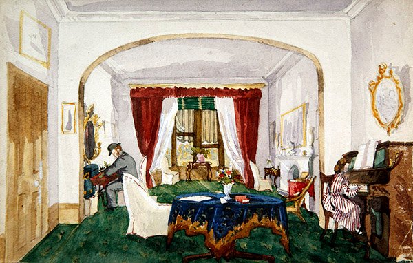 Saloninterieur, vrouw aan de piano, man met bolhoed schrijft, ca. 1850 door English School