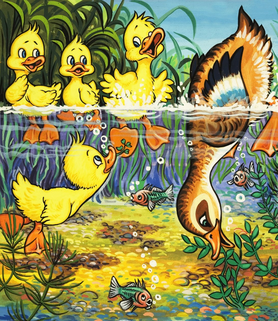 Eend en eendjes (gouache op papier) door English School