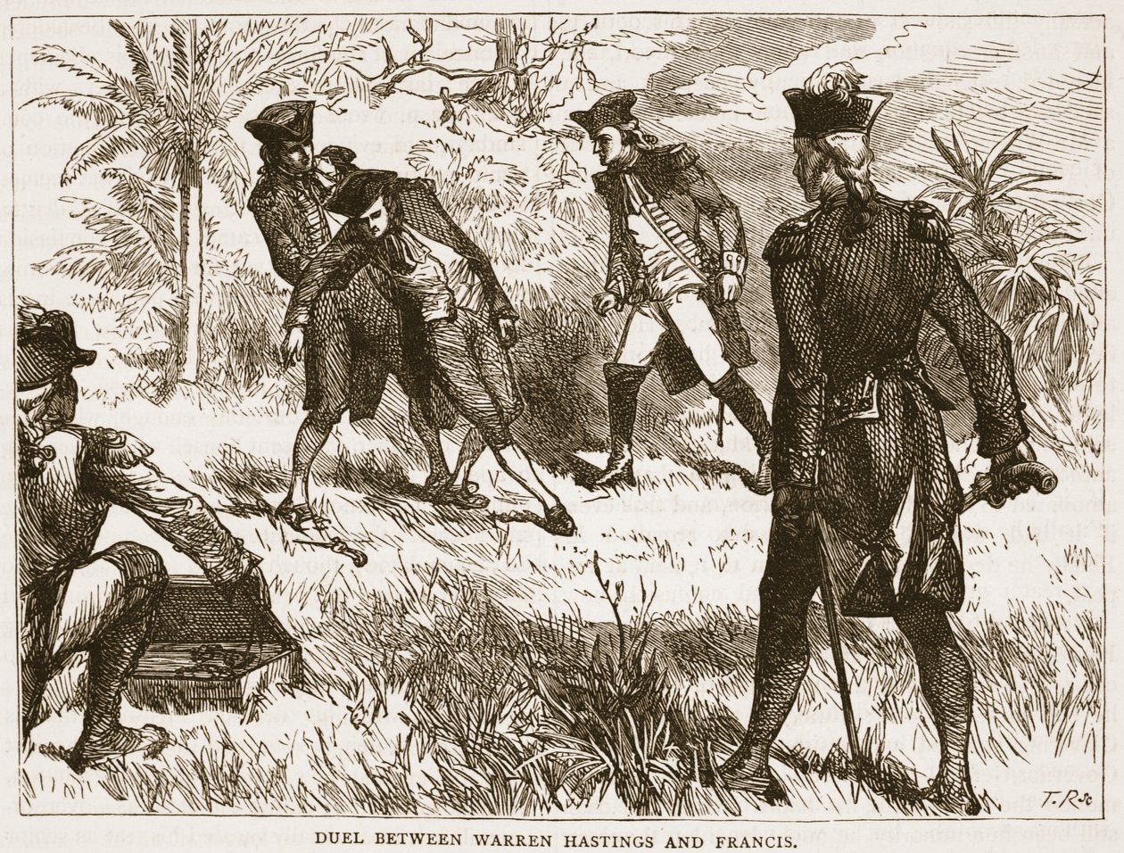Duel tussen Warren Hastings en Francis, illustratie uit Cassells Geïllustreerde Geschiedenis van India door James Grant, uitgegeven 1879 door English School