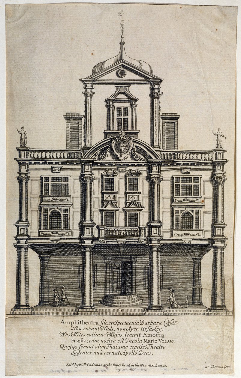 Dukes Theatre, Dorset Gardens, gegraveerd door W. Sherwin (c.1645-1711) 1673 door English School